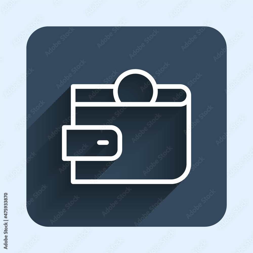 White line Wallet icon isolated with long shadow background. Purse icon. Cash savings symbol. Blue square button. Vector White line Wallet icon isolated with long shadow background. Purse icon. Cash savings symbol. Blue square button. Vector