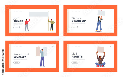 Citizen Protesting Landing Page Template Set. Male Female Characters Hold Empty Placards, Banners or Signs Fighting