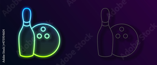 Glowing neon line Bowling pin and ball icon isolated on black background. Sport equipment. Vector