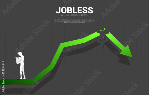 Unemployment man walk away from broken graph. Concept for end of career and jobless.