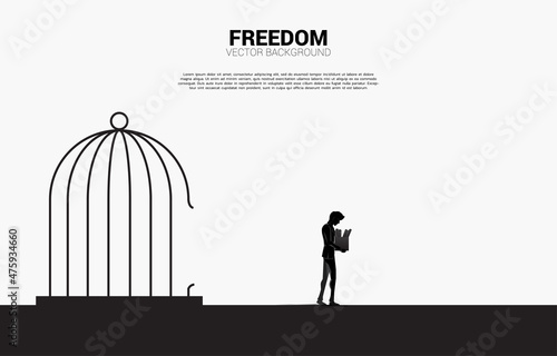 silhouette of losing job man breaking the cage. Concept for end of career and freedom.