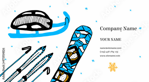 Vector illustration of a layout, business card template with elements of winter sports and an empty space for personal data. A skeleton sled, skis and poles, snowboard board are depicted.