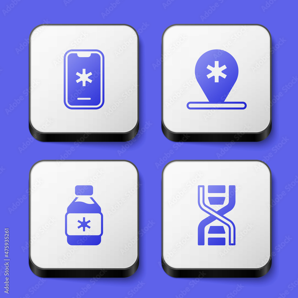 Set Emergency call 911, Location hospital, Bottle of medicine syrup and DNA symbol icon. White square button. Vector