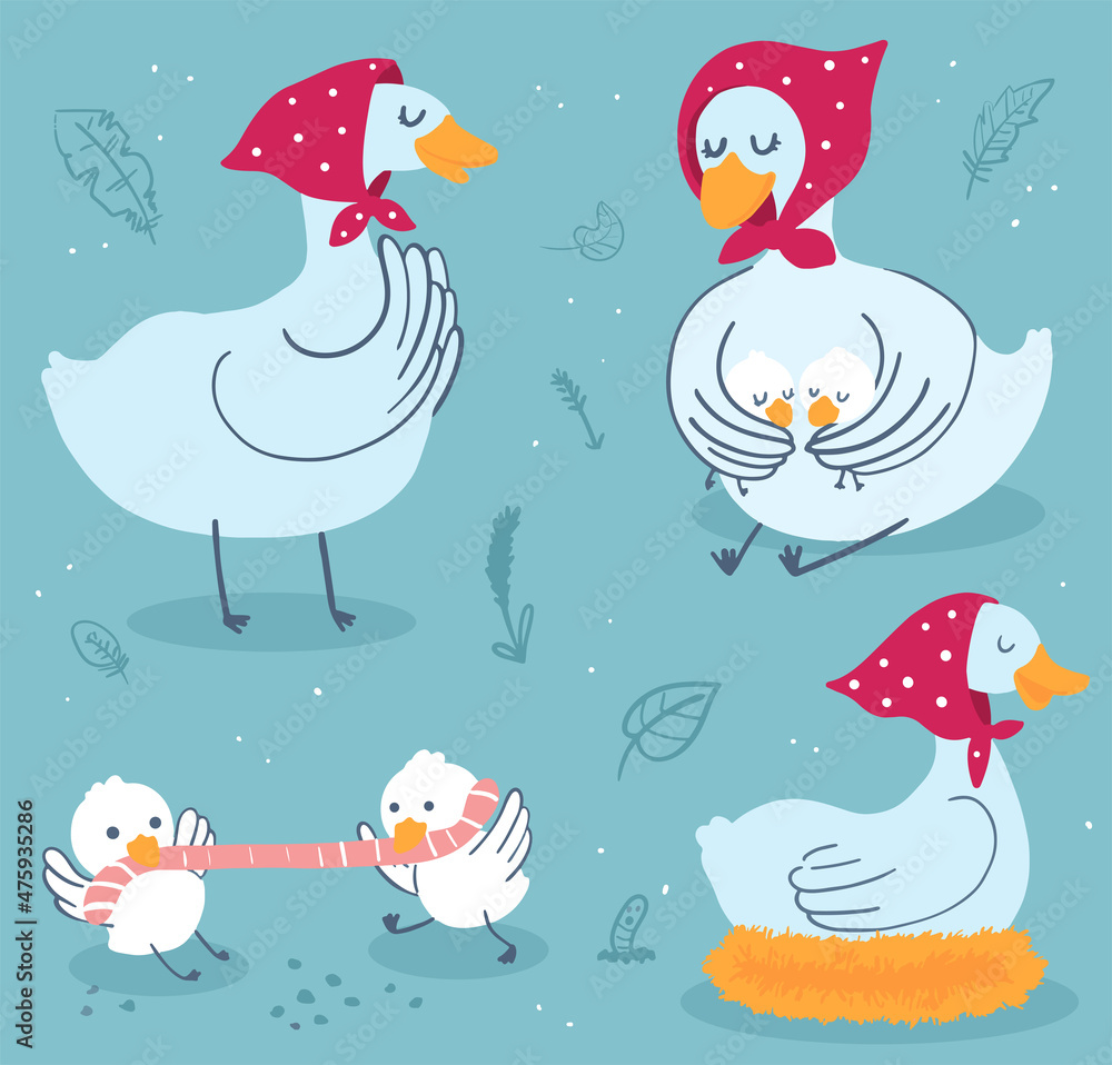 Mom and kids farm animals. Mom goose and toddlers. A set of characters with a farm motif.