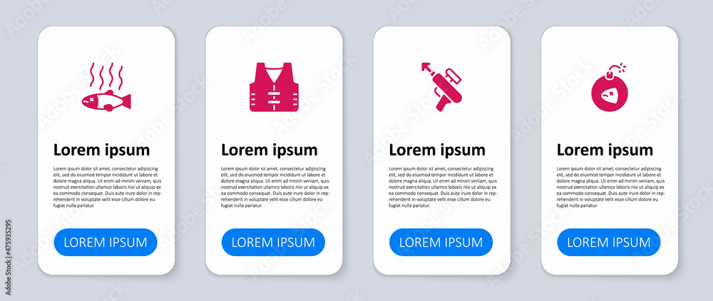 Obraz premium Set Bomb, Fishing harpoon, jacket and Dead fish. Business infographic template. Vector