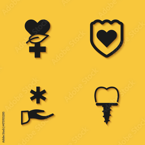 Set Ethnoscience, Dental implant, Cross hospital medical and Immune system icon with long shadow. Vector