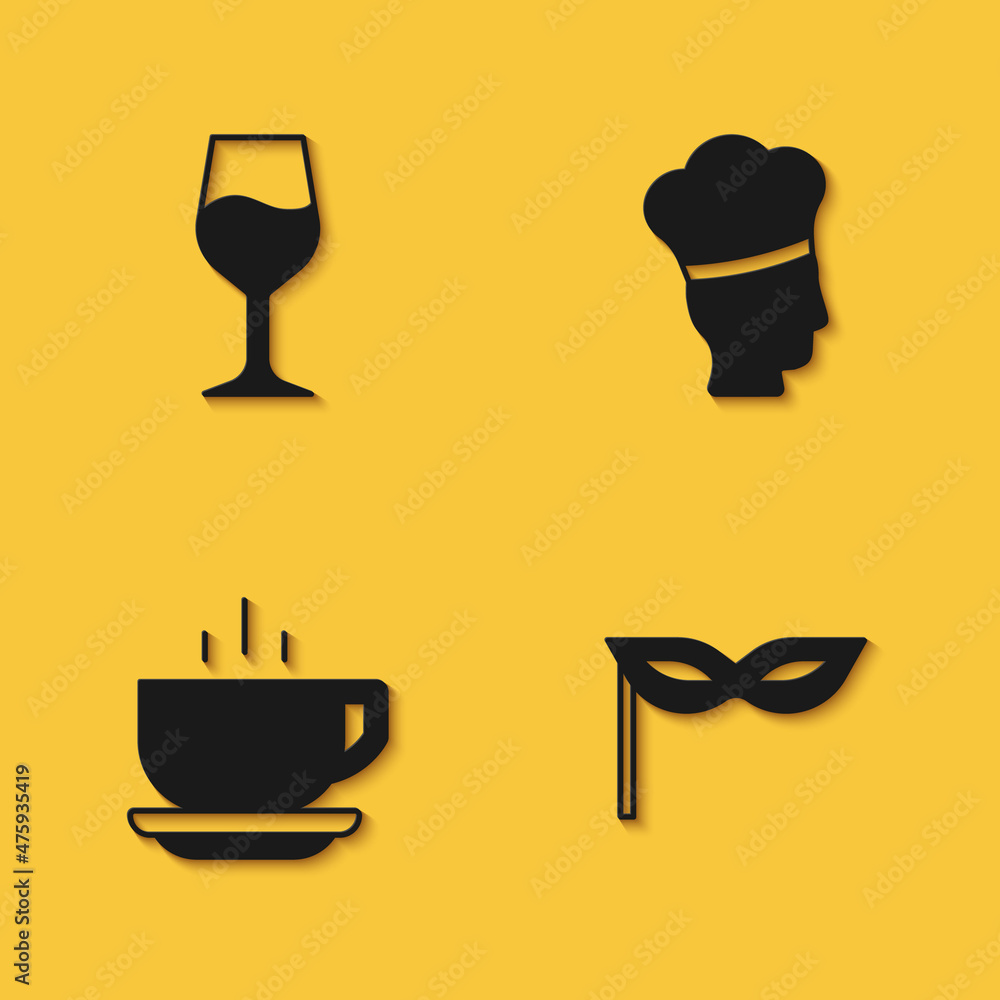 Set Wine glass, Carnival mask, Coffee cup and Italian cook icon with long shadow. Vector Set Wine glass, Carnival mask, Coffee cup and Italian cook icon with long shadow. Vector