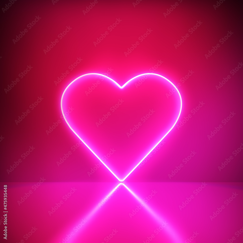 Neon heart light on pink reflecting background.