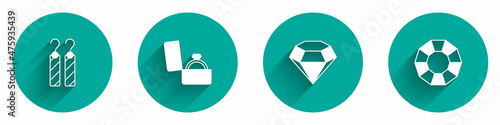 Set Earrings, Diamond engagement box, and icon with long shadow. Vector