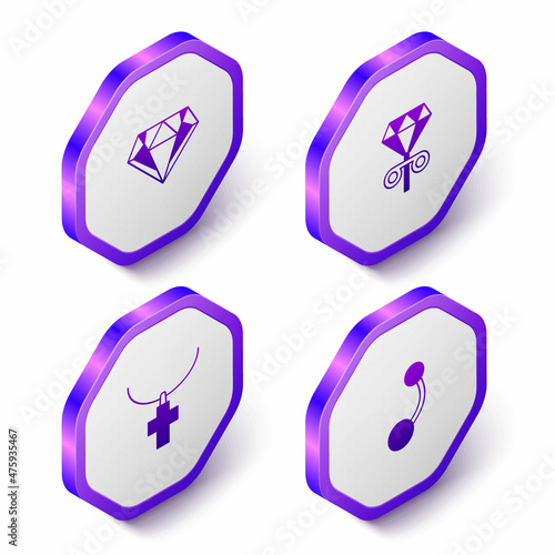 Set Isometric Diamond, Stud earrings, Christian cross chain and Piercing icon. Purple hexagon button. Vector