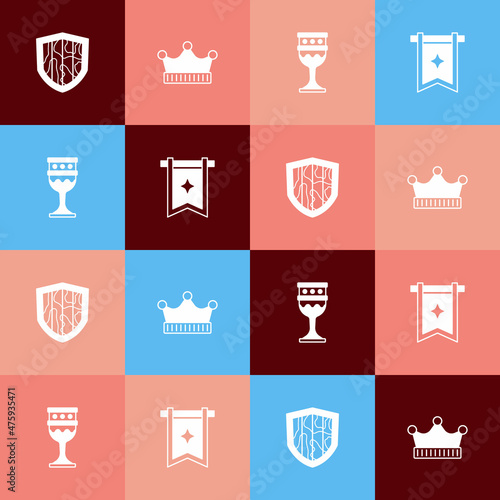 Set pop art Shield, King crown, Medieval goblet and flag icon. Vector