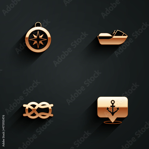 Set Compass, Jet ski, Nautical rope knots and Anchor icon with long shadow. Vector