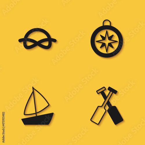 Set Nautical rope knots, Crossed oars or paddles boat, Yacht sailboat and Compass icon with long shadow. Vector