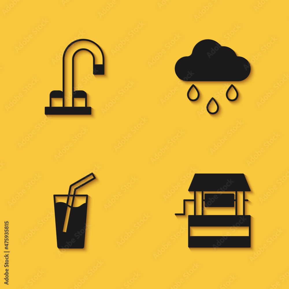 Set Water tap, Well, Glass with water and Cloud rain icon with long shadow. Vector