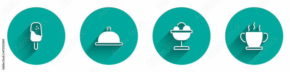 Set Ice cream, Covered with tray of food, in the bowl and Bowl hot soup icon with long shadow. Vector Set Ice cream, Covered with tray of food, in the bowl and Bowl hot soup icon with long shadow. Vector