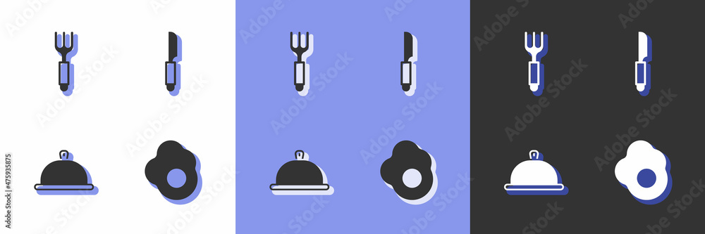 Set Scrambled egg, Fork, Covered with tray of food and Knife icon. Vector Set Scrambled egg, Fork, Covered with tray of food and Knife icon. Vector