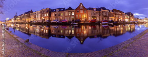 Panorama of the city embankment in Leiden at sunrise. © pillerss