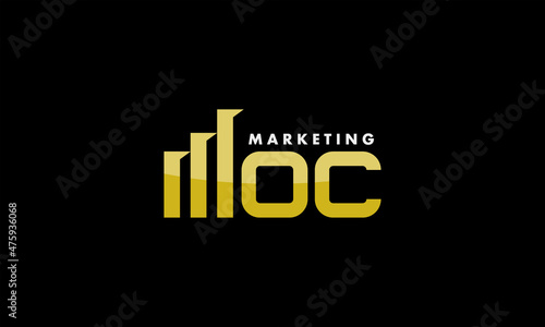 vector graphic illustration logo design for word mark, letter mark MOC M O C marketing, with letter M as chart bar growth and with elegant gold color