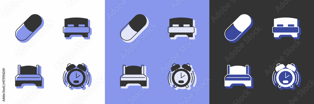 Set Alarm clock, Sleeping pill, Big bed and icon. Vector Set Alarm clock, Sleeping pill, Big bed and icon. Vector