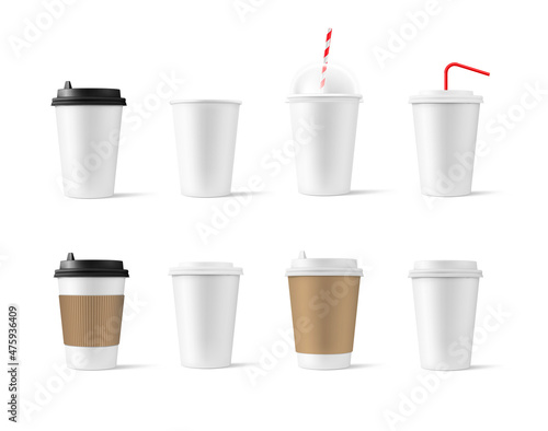 Set of realistic blank mockup paper cups with plastic lid. Coffee to go, take out mug. Vector illustration isolated and can be use for any backgrounds. EPS10.