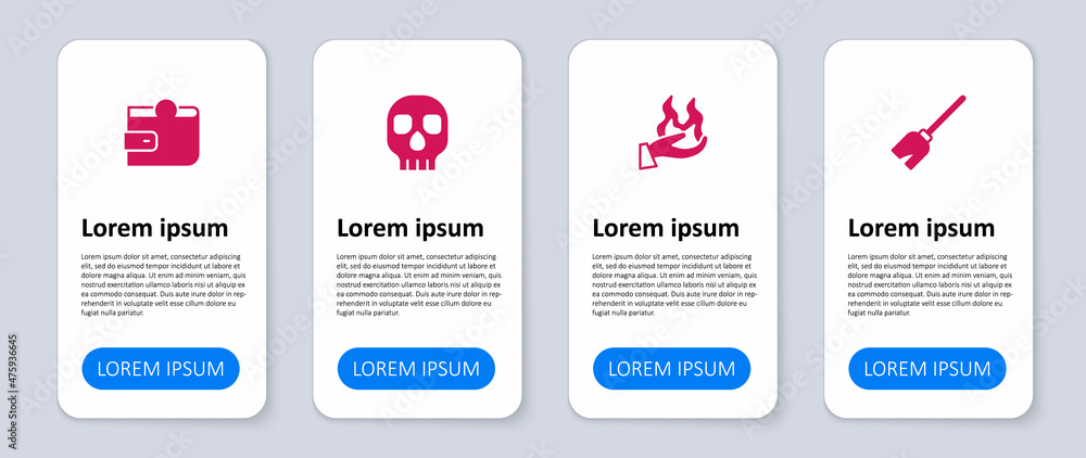 Set Witches broom, Hand holding fire, Skull and Wallet. Business infographic template. Vector Set Witches broom, Hand holding fire, Skull and Wallet. Business infographic template. Vector