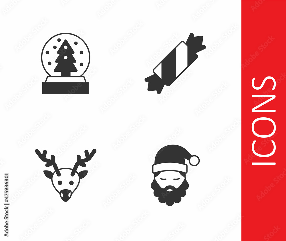 Set Santa Claus hat and beard, Christmas snow globe, Reindeer and Candy icon. Vector Set Santa Claus hat and beard, Christmas snow globe, Reindeer and Candy icon. Vector