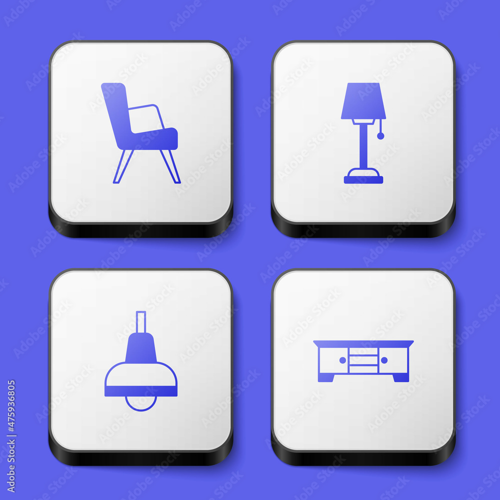 Set Armchair, Floor lamp, Lamp hanging and TV table stand icon. White square button. Vector