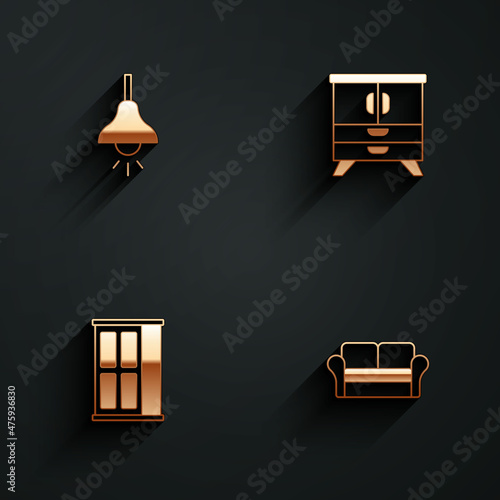 Set Lamp hanging, Chest of drawers, Wardrobe and Sofa icon with long shadow. Vector