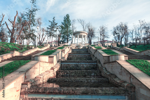 Staircase and fountain in the park . Gazebo on the top . Scara Cascadelor stairs in Valea Morilor park from Chisinau Moldova