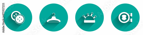 Set Sewing button for clothes, Hanger wardrobe, Needle bed and needles and Leather icon with long shadow. Vector