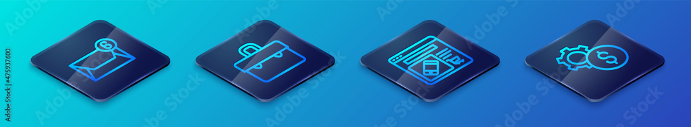 Set Isometric line Online shopping on screen, Mail and e-mail, Gear with dollar symbol and Briefcase icon. Vector Set Isometric line Online shopping on screen, Mail and e-mail, Gear with dollar symbol and Briefcase icon. Vector