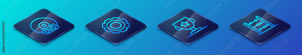 Set Isometric line Award cup, CD or DVD disk, Abacus and Gear icon. Vector Set Isometric line Award cup, CD or DVD disk, Abacus and Gear icon. Vector