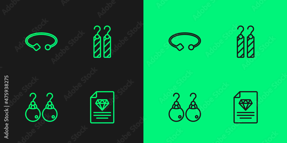 Set line Certificate of the diamond, Earrings, Bracelet jewelry and icon. Vector Set line Certificate of the diamond, Earrings, Bracelet jewelry and icon. Vector