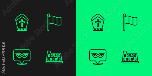 Set line Coliseum, Carnival mask, Pope hat and Flag Italy icon. Vector