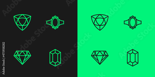 Set line Gem stone, Diamond, and engagement ring icon. Vector
