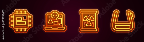 Set line Processor CPU, Internet piracy, Radioactive waste in barrel and Smart glasses on spectacles. Glowing neon icon. Vector
