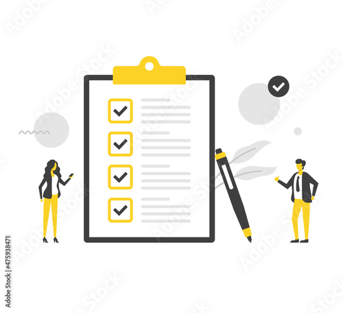 Checklist. Flat vector illustration. People and clipboard with check marks and pen. Survey, quality control, to do list. Modern concepts. Flat design