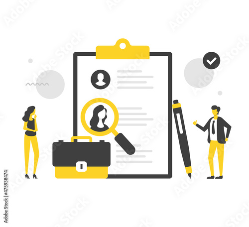 Job applicant. Flat vector illustration. People and clipboard with list of candidates. Resume, human resources, find employee, job interview, employment concepts. Modern concepts. Flat design