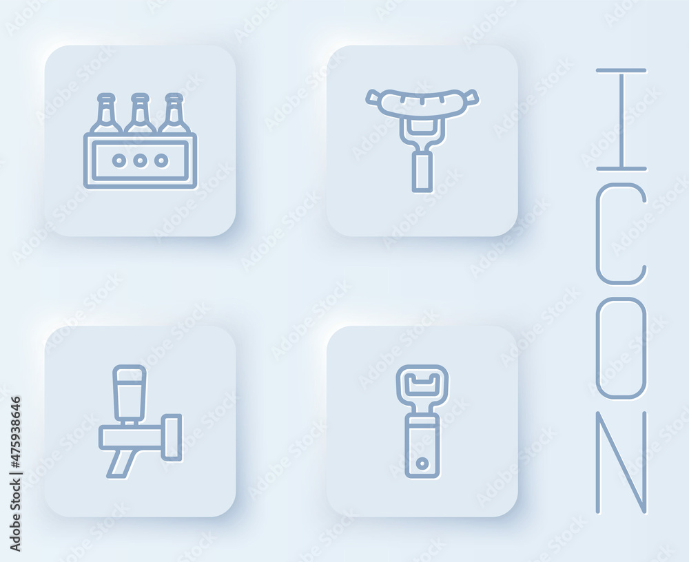 Set line Pack of beer bottles, Sausage on the fork, Beer tap and Bottle opener. White square button. Vector Set line Pack of beer bottles, Sausage on the fork, Beer tap and Bottle opener. White square button. Vector