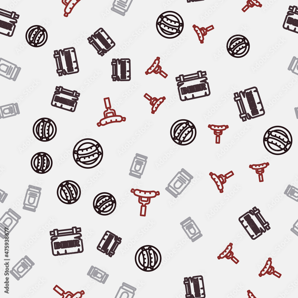 Set line Sausage, Street signboard with Beer, can and on the fork on seamless pattern. Vector Set line Sausage, Street signboard with Beer, can and on the fork on seamless pattern. Vector