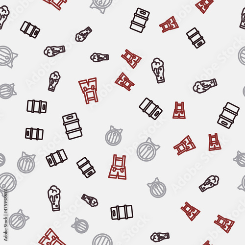 Set line Metal beer keg, Glass of, Wooden barrel on rack and Lederhosen on seamless pattern. Vector