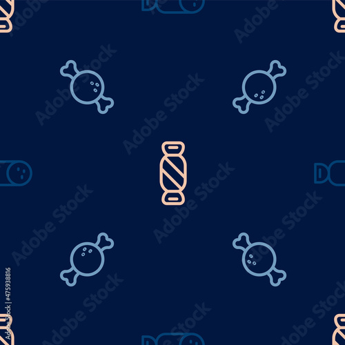 Set line Salami sausage, Chicken leg and Candy on seamless pattern. Vector