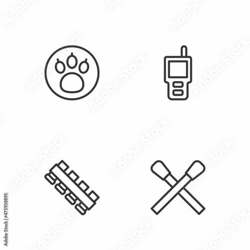 Set line Burning match with fire, Hunting cartridge belt, Paw search and Walkie talkie icon. Vector