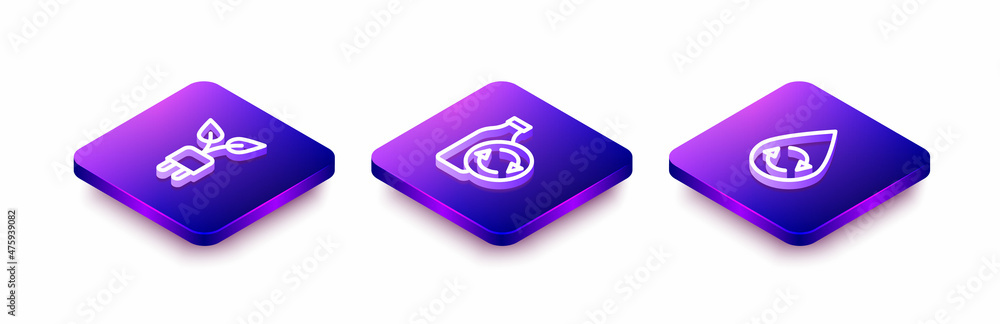 Set Isometric line Electric saving plug in leaf, Recycling plastic bottle and Recycle clean aqua icon. Vector Set Isometric line Electric saving plug in leaf, Recycling plastic bottle and Recycle clean aqua icon. Vector