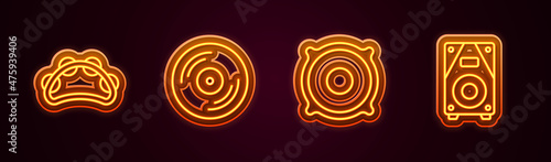 Set line Tambourine, Vinyl disk, Stereo speaker and . Glowing neon icon. Vector