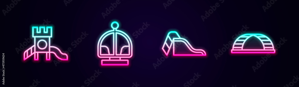 Set line Slide playground, Attraction carousel, and Monkey bar. Glowing neon icon. Vector Set line Slide playground, Attraction carousel, and Monkey bar. Glowing neon icon. Vector