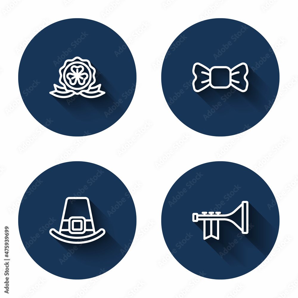Set line Medal with clover, Bow tie, Leprechaun hat and Trumpet with long shadow. Blue circle button. Vector Set line Medal with clover, Bow tie, Leprechaun hat and Trumpet with long shadow. Blue circle button. Vector