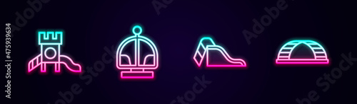 Set line Slide playground, Attraction carousel, and Monkey bar. Glowing neon icon. Vector