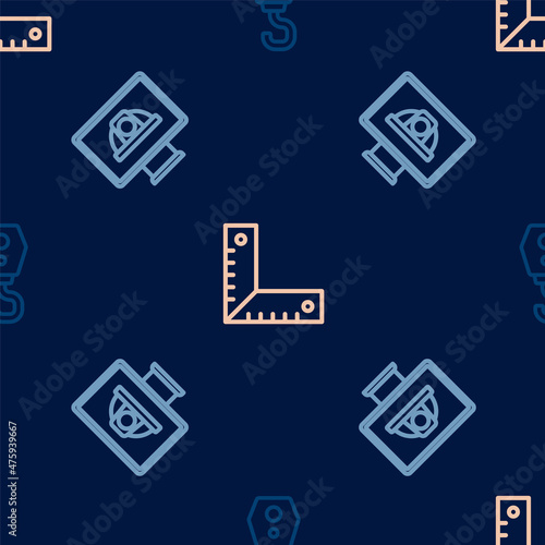 Set line Crane hook, Worker safety helmet and Corner ruler on seamless pattern. Vector