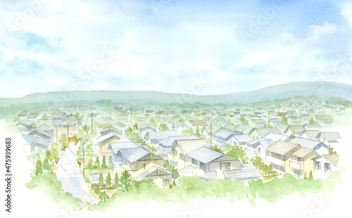 上から見た住宅街の水彩画　